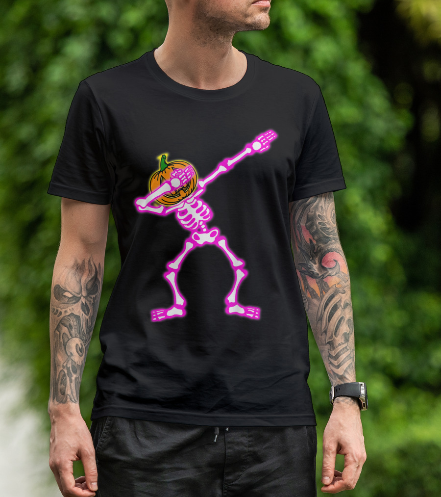Funny Dabbing Skeleton Halloween Pumpkin Dab Neon Glow T-Shirt