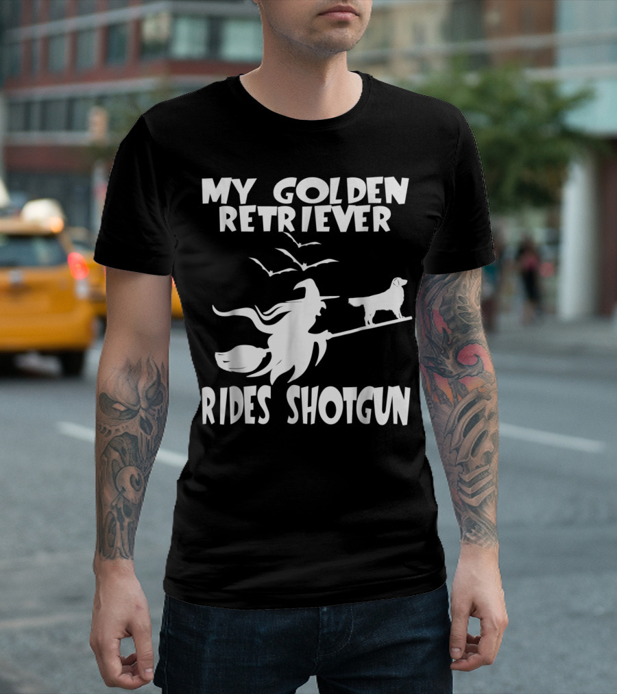 My Golden Retriever Rides Shotgun Halloween Witch Broom Bats T-Shirt