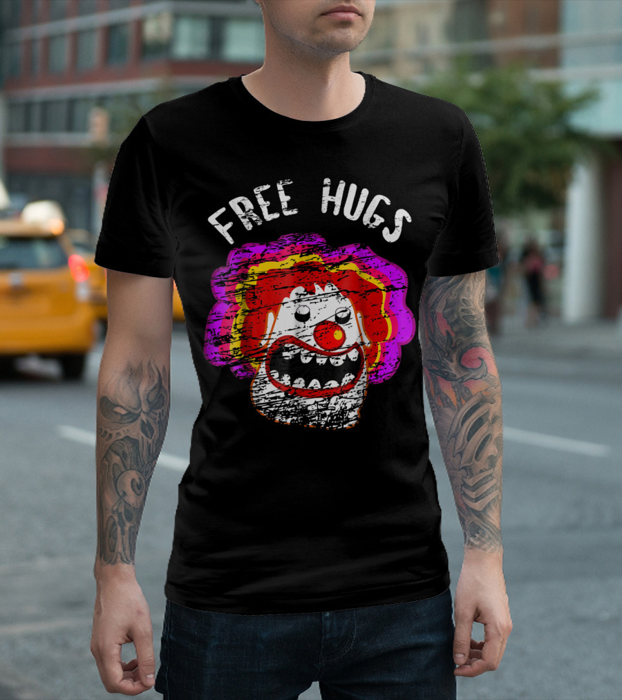 Free Hugs Funny Halloween Clown Face with Red Nose and Colorful Hair T-Shirt