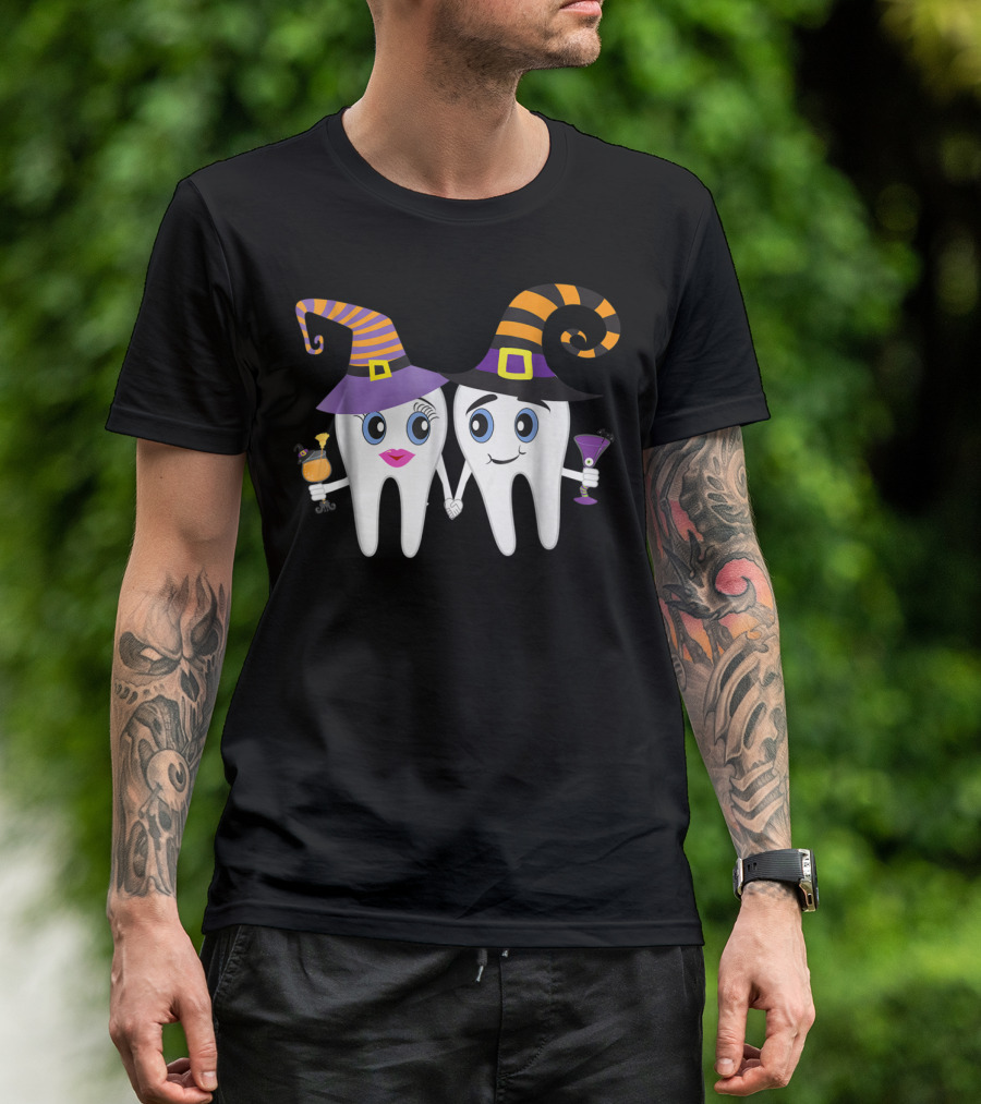 Funny Halloween Dentist Witch Teeth Holding Drinks T-Shirt