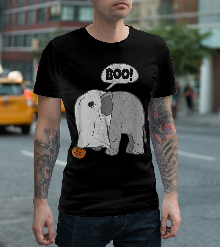 BOO Funny Halloween Elephant Ghost With Pumpkin T-Shirt
