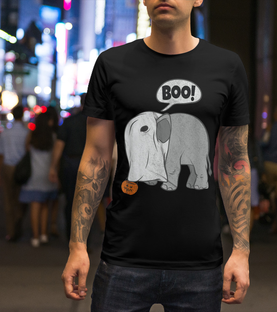 BOO Funny Halloween Elephant Ghost With Pumpkin T-Shirt