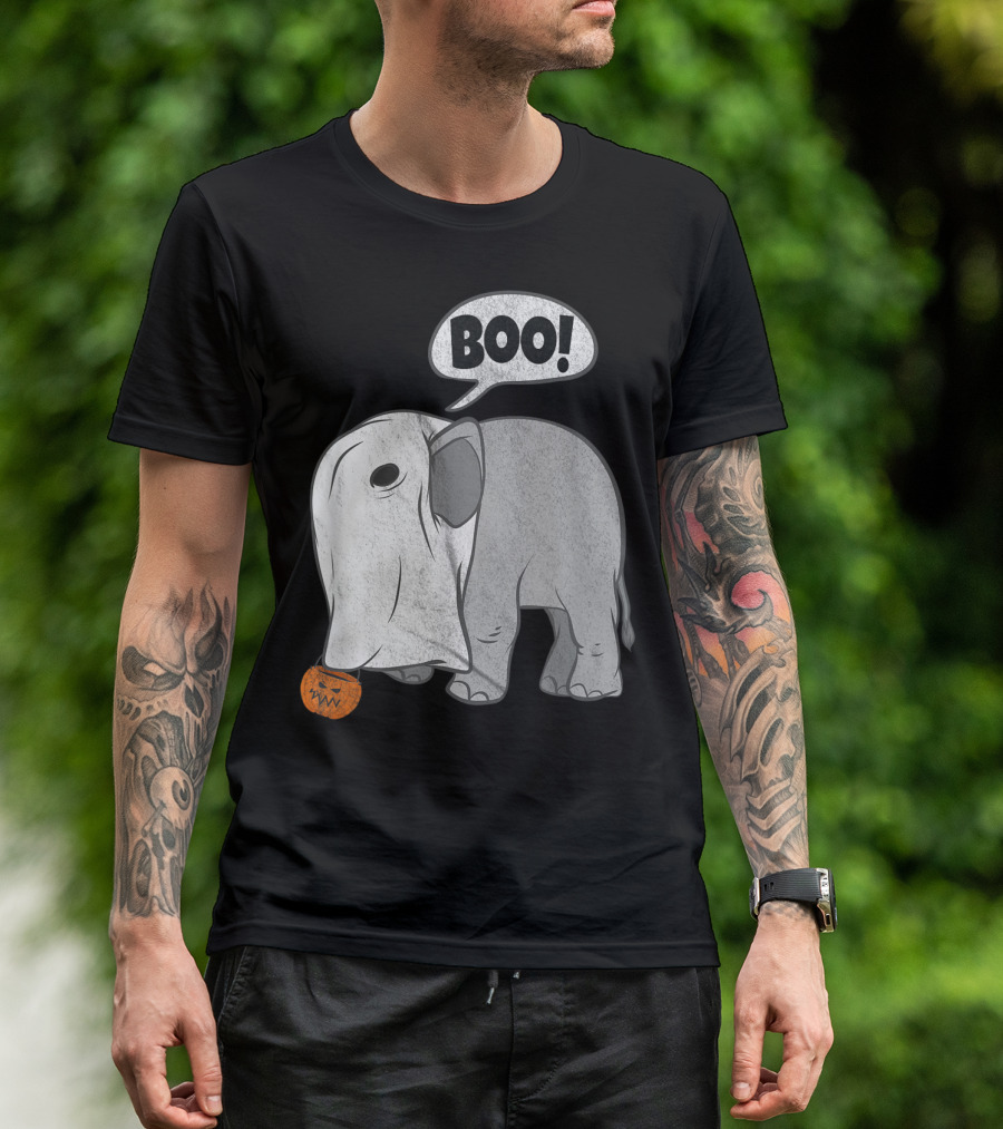 BOO Funny Halloween Elephant Ghost With Pumpkin T-Shirt