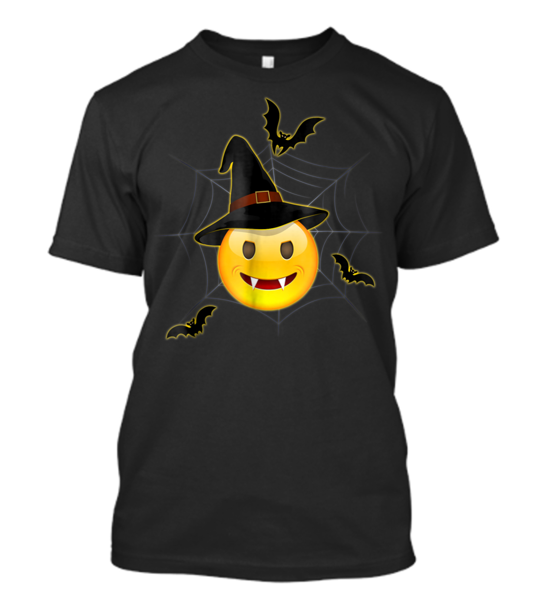 Funny Halloween Emoji Witch Slightly Smiling Vampire Face With Bat And Spider Web T-Shirt