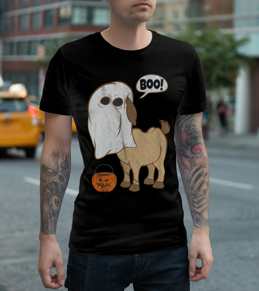 Ghostly Goat Halloween Costume with Pumpkin and Boo Phrase T-Shirt