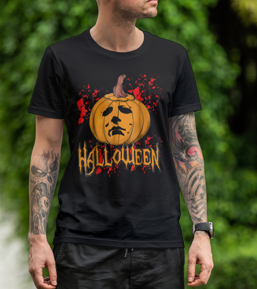 Halloween Michael Myers Pumpkin Face With Blood Splatter T-Shirt