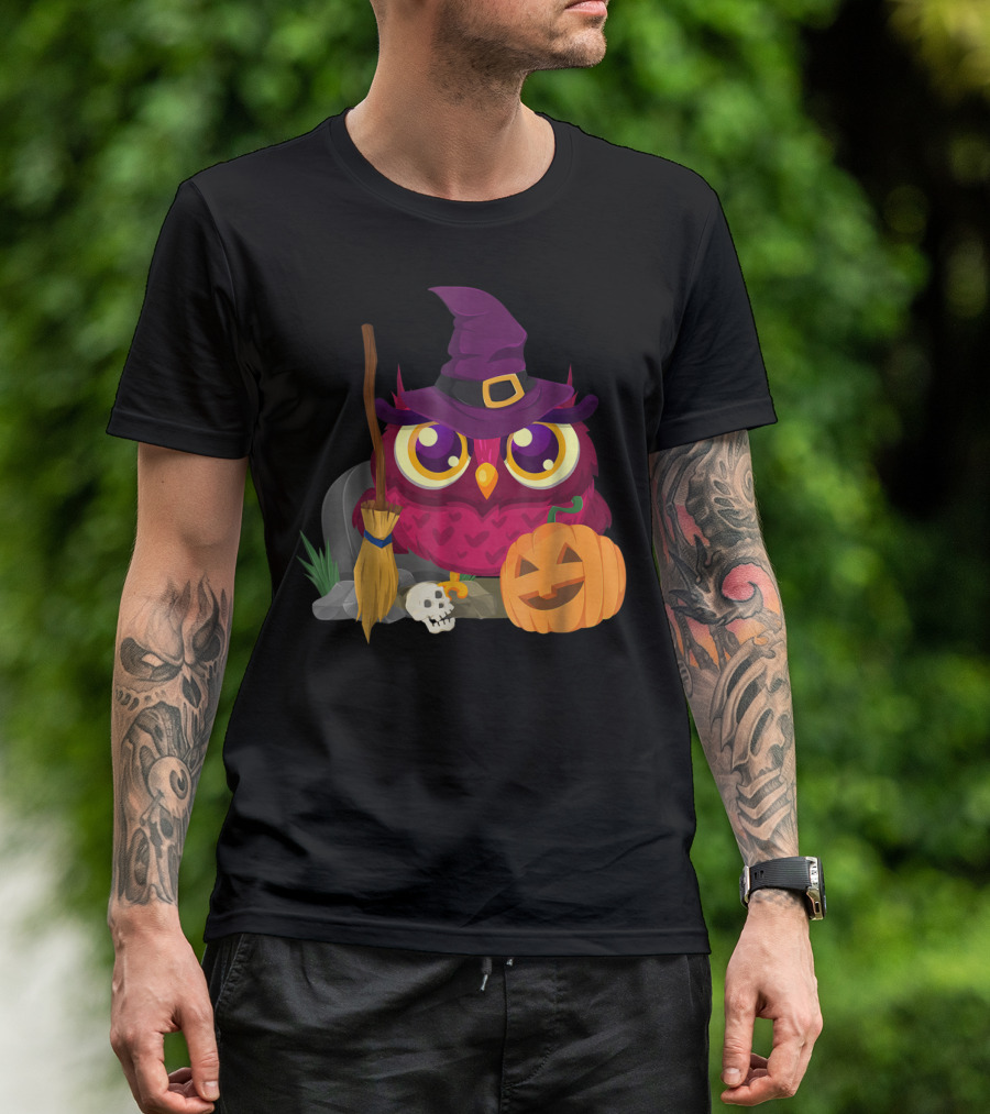 Funny Halloween Owl Witch Hat Broomstick Pumpkin Skull T-Shirt