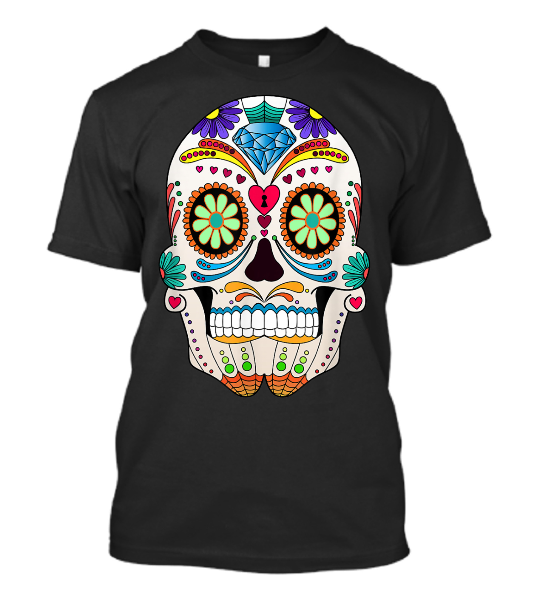 Funny Halloween Colorful Sugar Skull With Vibrant Floral T-Shirt