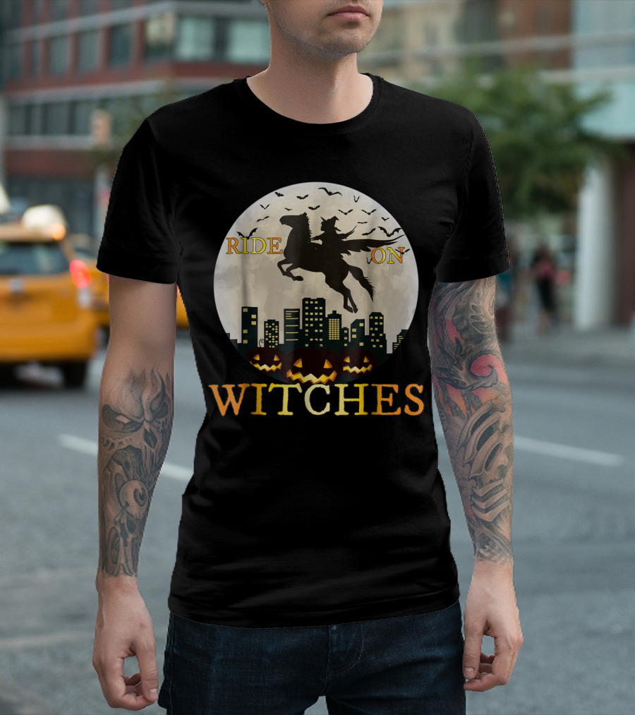 Ride On Witches Halloween Witch Horse Jack O' Lantern Cityscape T-Shirt