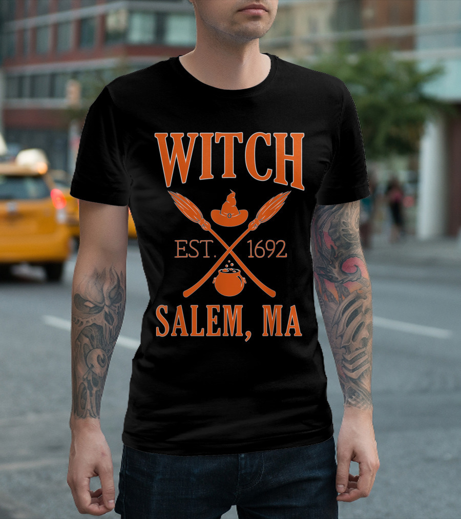 Witch Halloween EST 1692 Salem MA Brooms and Cauldron T-Shirt