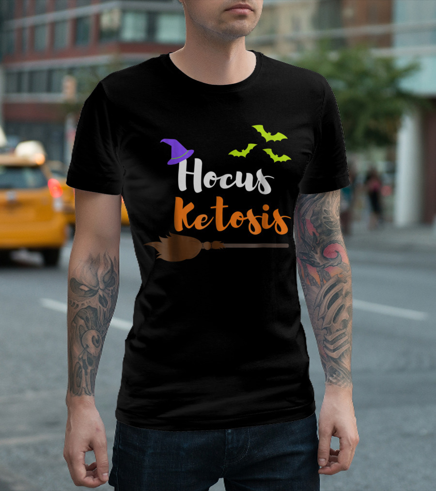 Hocus Ketosis Keto Witch Hat Broom And Bats T-Shirt