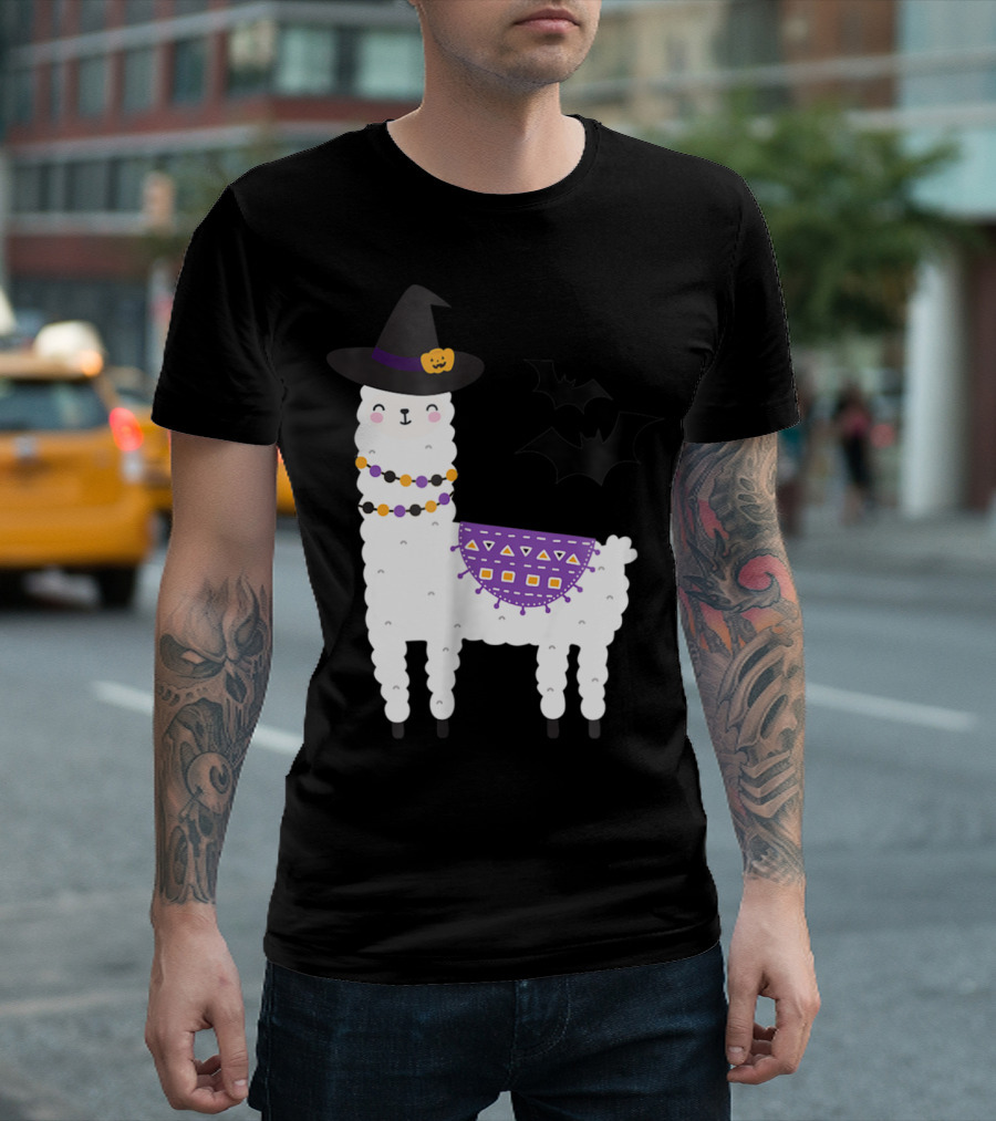Funny Halloween Witch Llama with Bats and Alpaca Elements T-Shirt