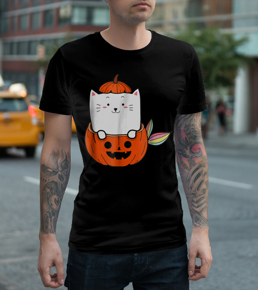 Rainbow Cat Mermaid Inside Halloween Pumpkin Jack-o'-Lantern T-Shirt