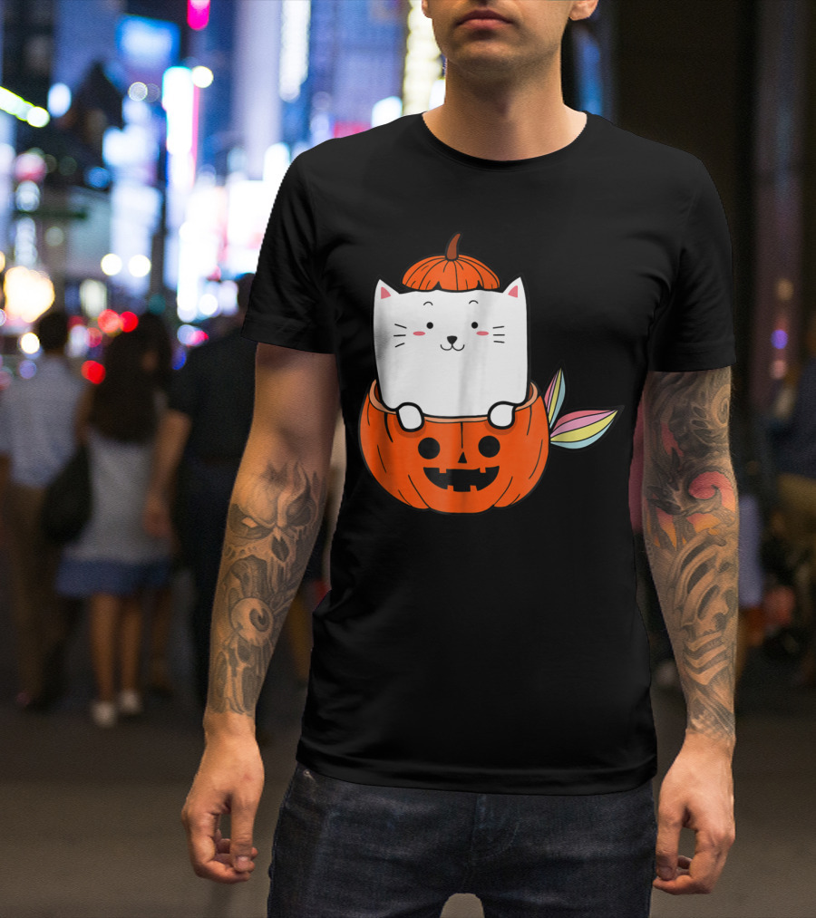 Rainbow Cat Mermaid Inside Halloween Pumpkin Jack-o'-Lantern T-Shirt