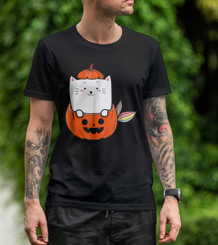 Rainbow Cat Mermaid Inside Halloween Pumpkin Jack-o'-Lantern T-Shirt