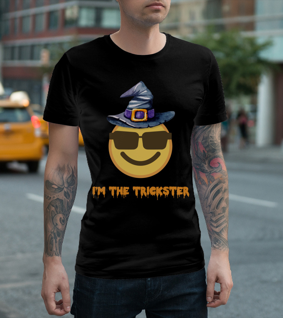 I'm The Trickster Funny Scary Halloween Emo with Witch Hat Emoji T-Shirt