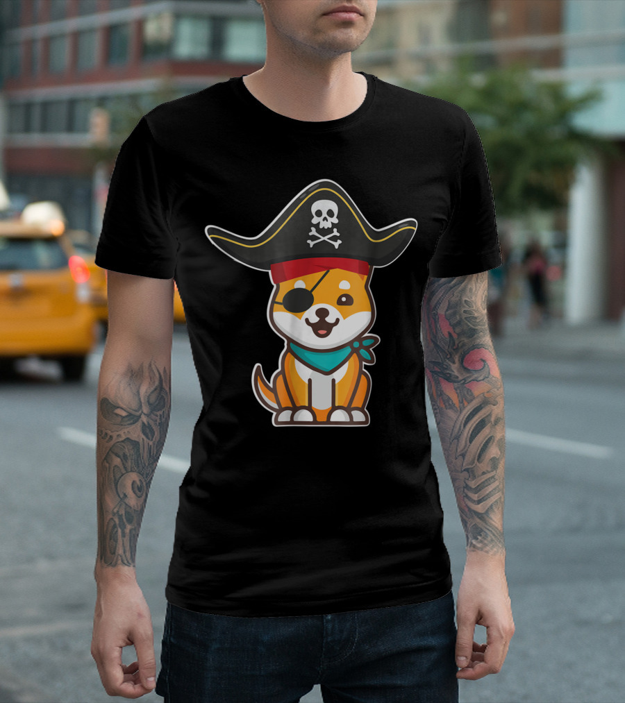 Shiba Inu Pirate Costume Halloween With Skull Hat and Eyepatch Dog T-Shirt