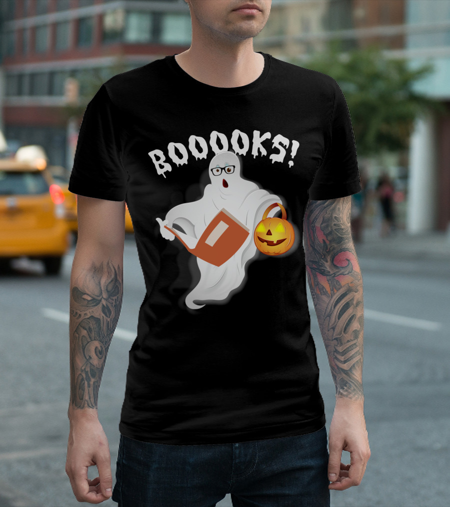 BOOOOKS Ghost Holding Jack-O'-Lantern and Reading T-Shirt
