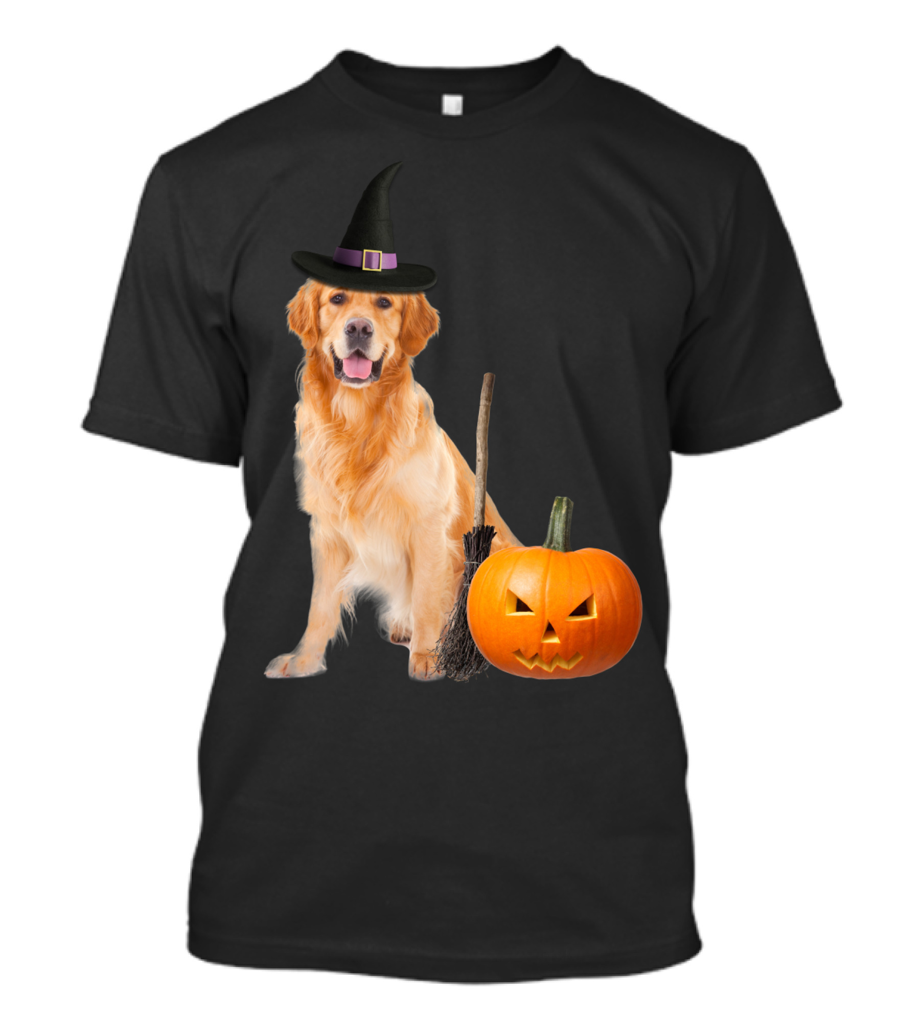 Golden Retriever Witch Hat Halloween Dog With Pumpkin And Broom T-Shirt