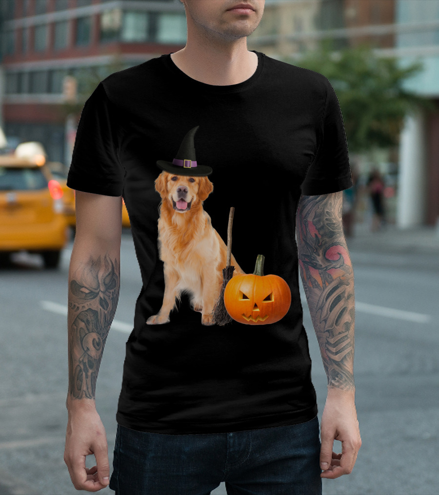 Golden Retriever Witch Hat Halloween Dog With Pumpkin And Broom T-Shirt