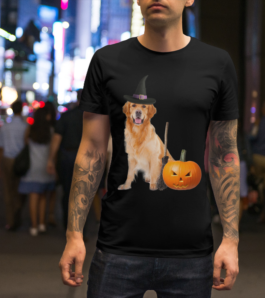 Golden Retriever Witch Hat Halloween Dog With Pumpkin And Broom T-Shirt