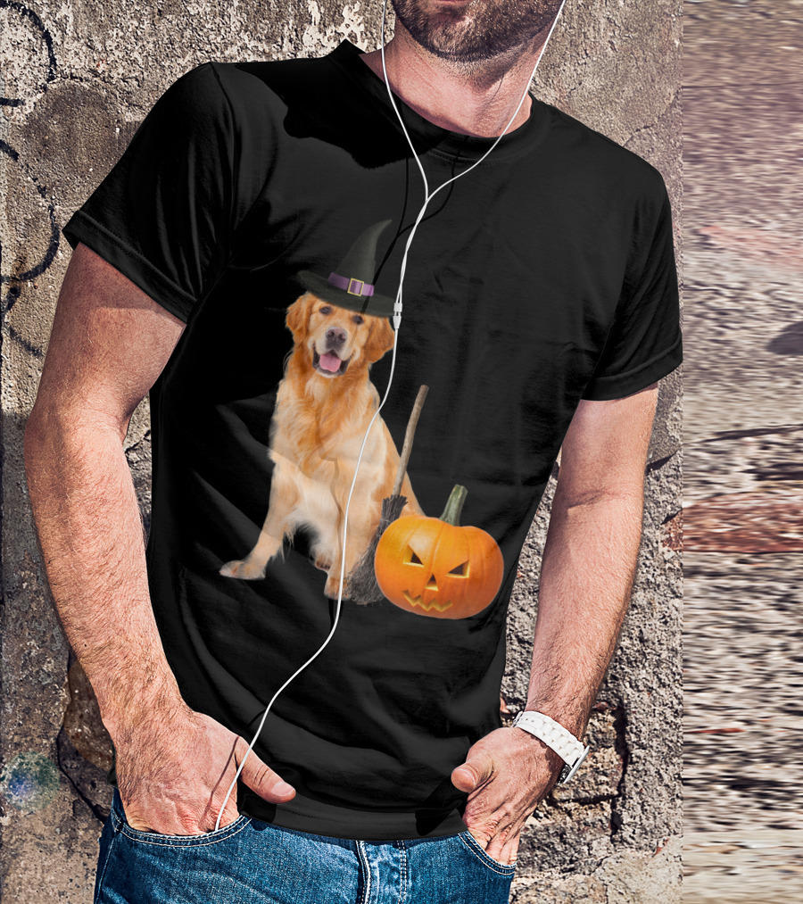 Golden Retriever Witch Hat Halloween Dog With Pumpkin And Broom T-Shirt