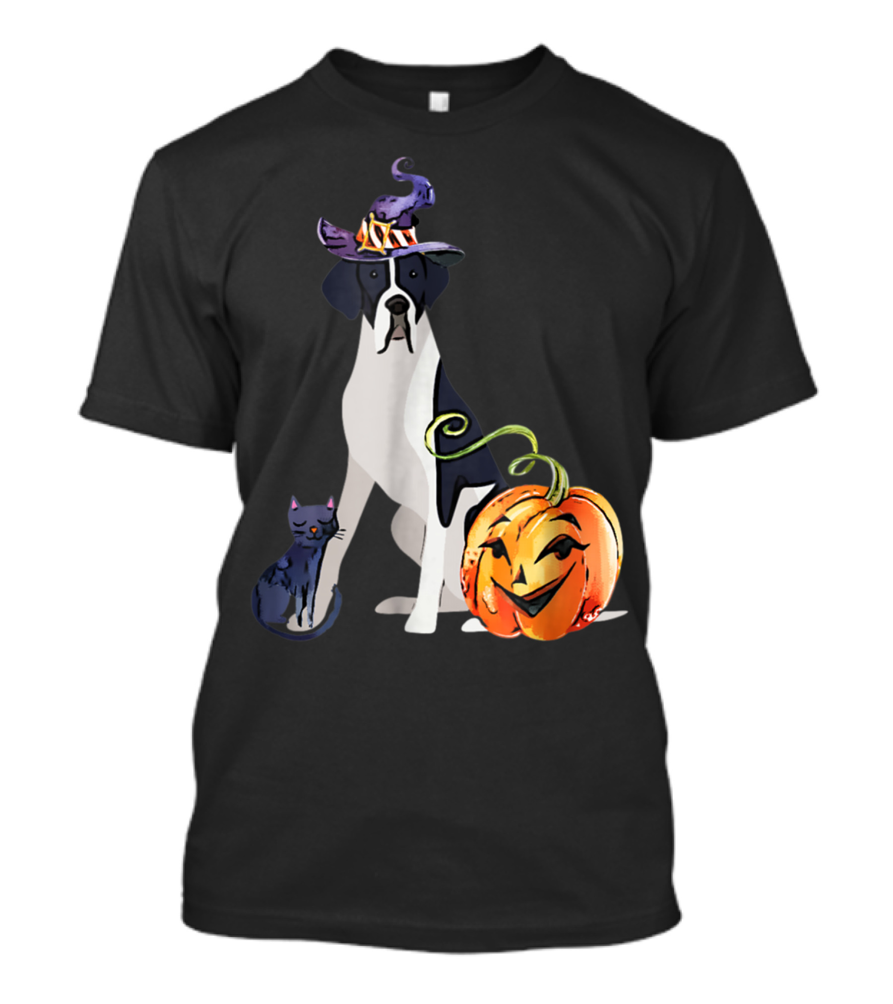 Great Dane Cat Witch Hat Pumpkin Halloween Mantle T-Shirt