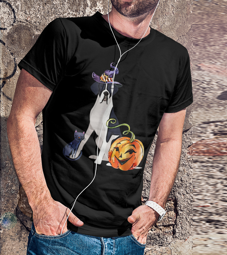 Great Dane Cat Witch Hat Pumpkin Halloween Mantle T-Shirt