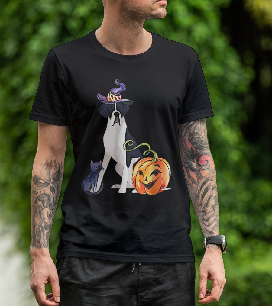 Great Dane Cat Witch Hat Pumpkin Halloween Mantle T-Shirt
