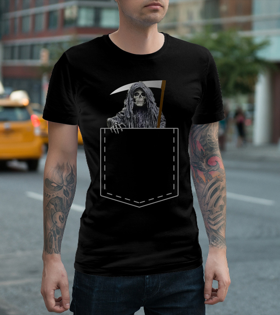 Grim Reaper Scythe Angel Of Death Pocket Skeleton T-Shirt
