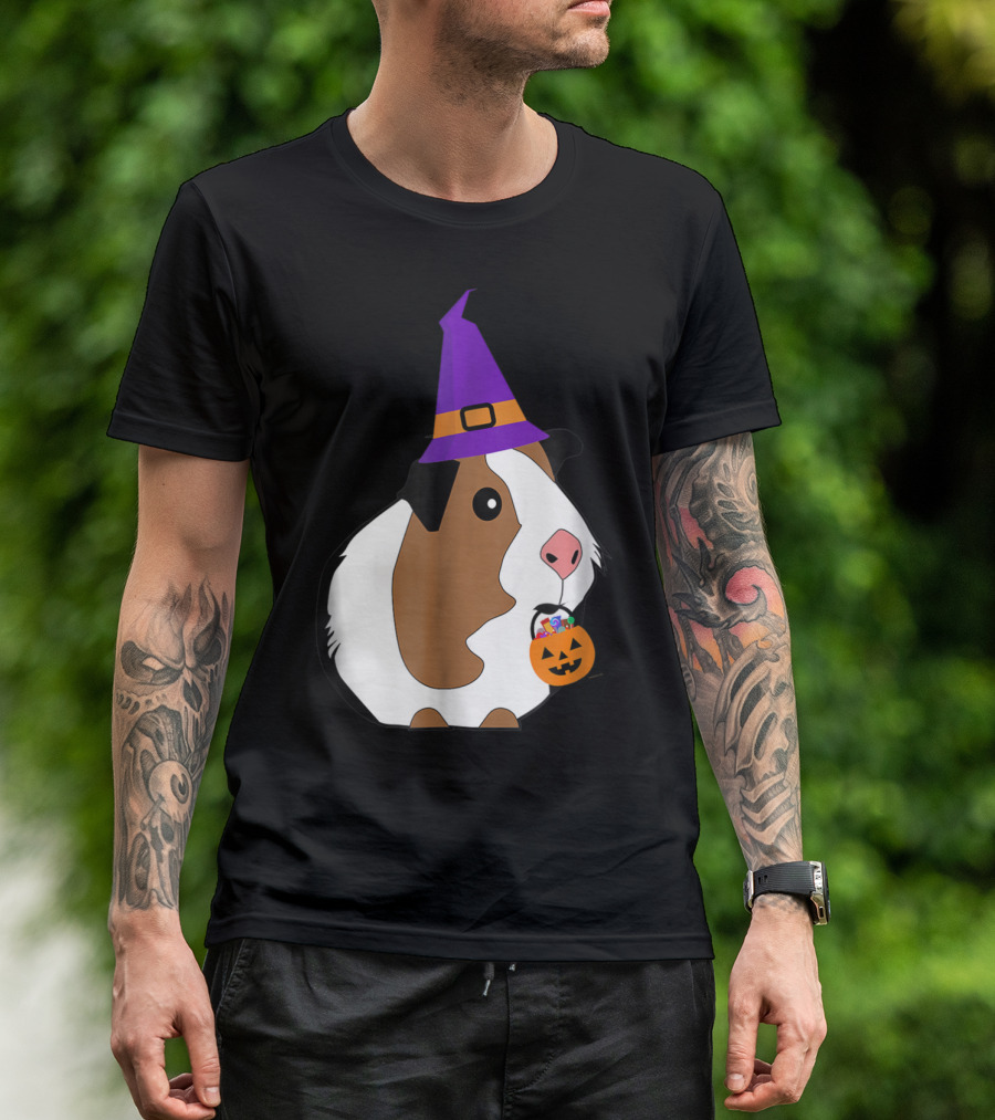 Guinea Pig Halloween Witch With Purple Hat And Pumpkin T-Shirt