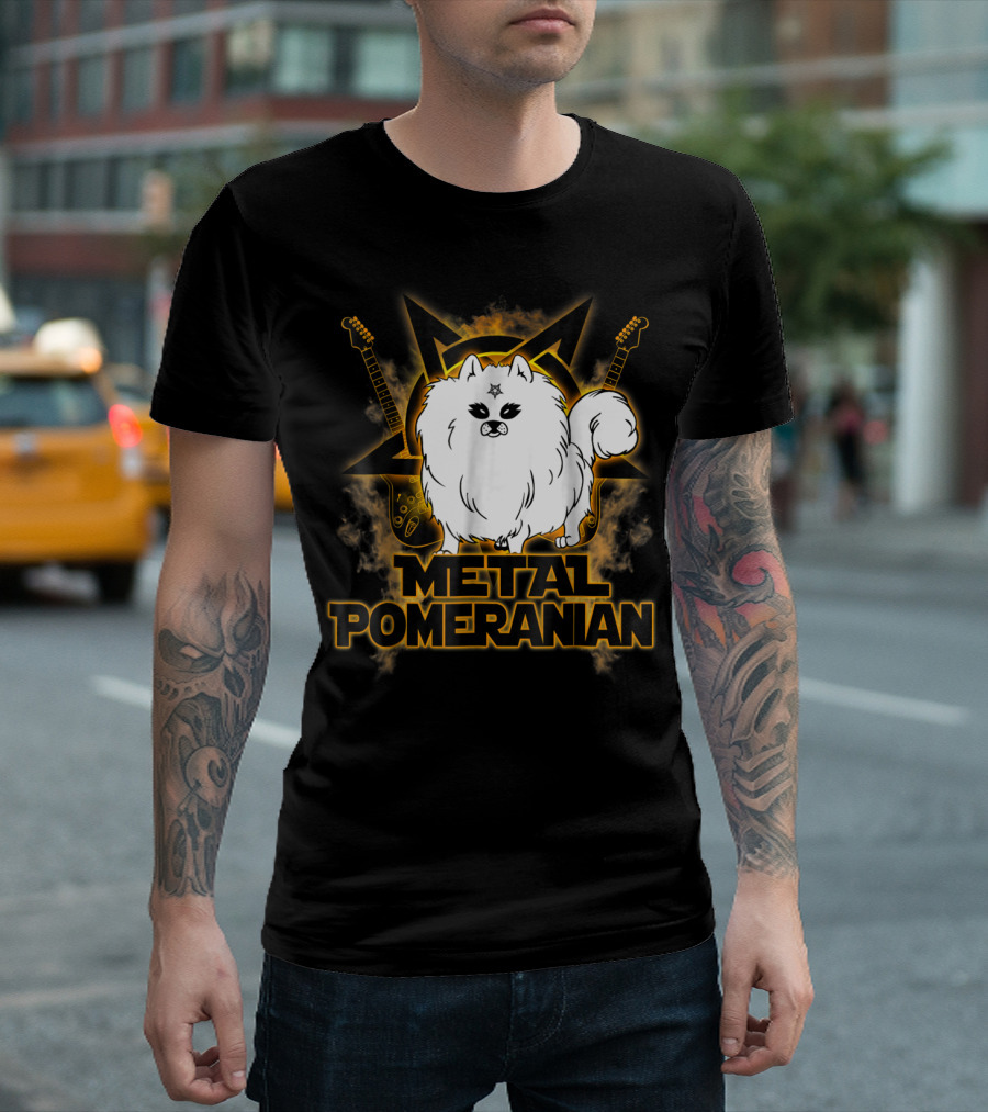 Metal Pomeranian Rock N Roll Hail Satan with Electric Guitars and Pentagram T-Shirt