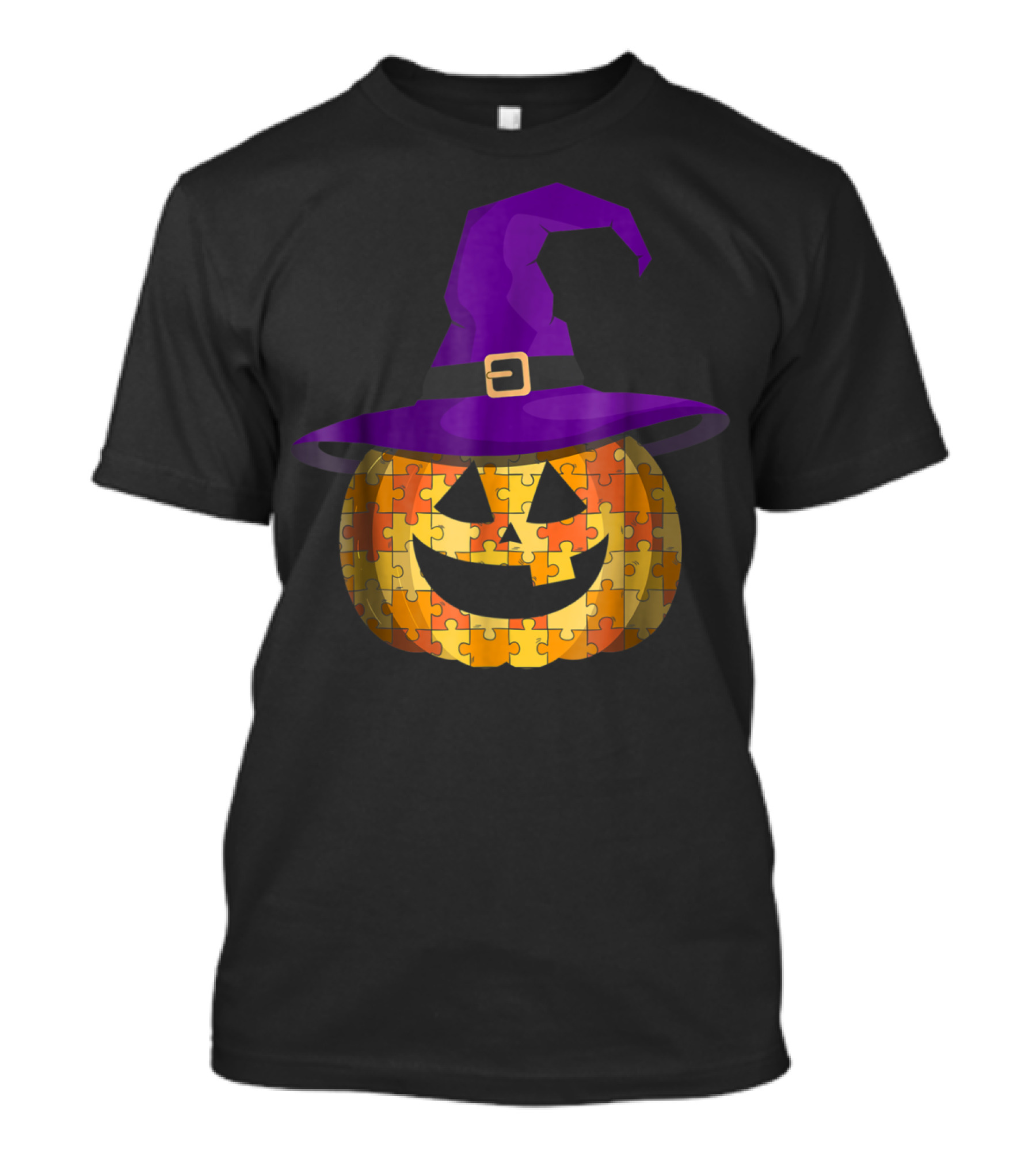 Halloween Autism Awareness Pumpkin Witch Hat Puzzle T-Shirt