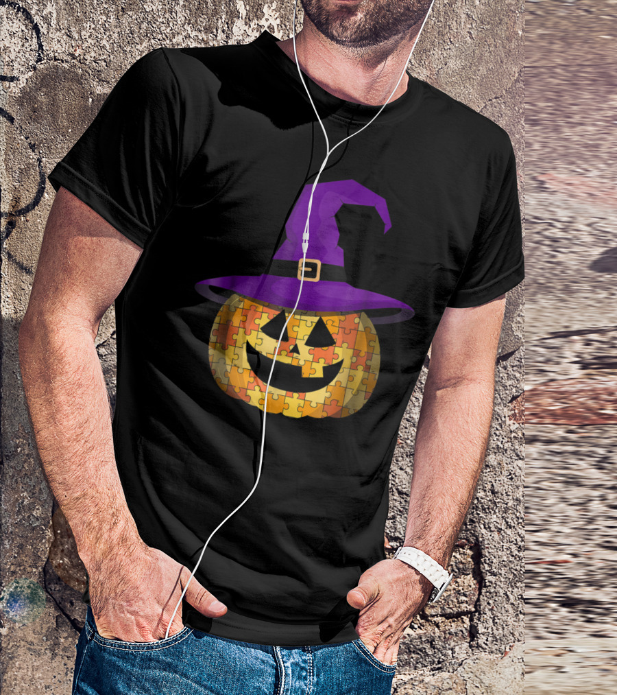 Halloween Autism Awareness Pumpkin Witch Hat Puzzle T-Shirt