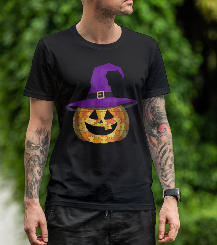 Halloween Autism Awareness Pumpkin Witch Hat Puzzle T-Shirt