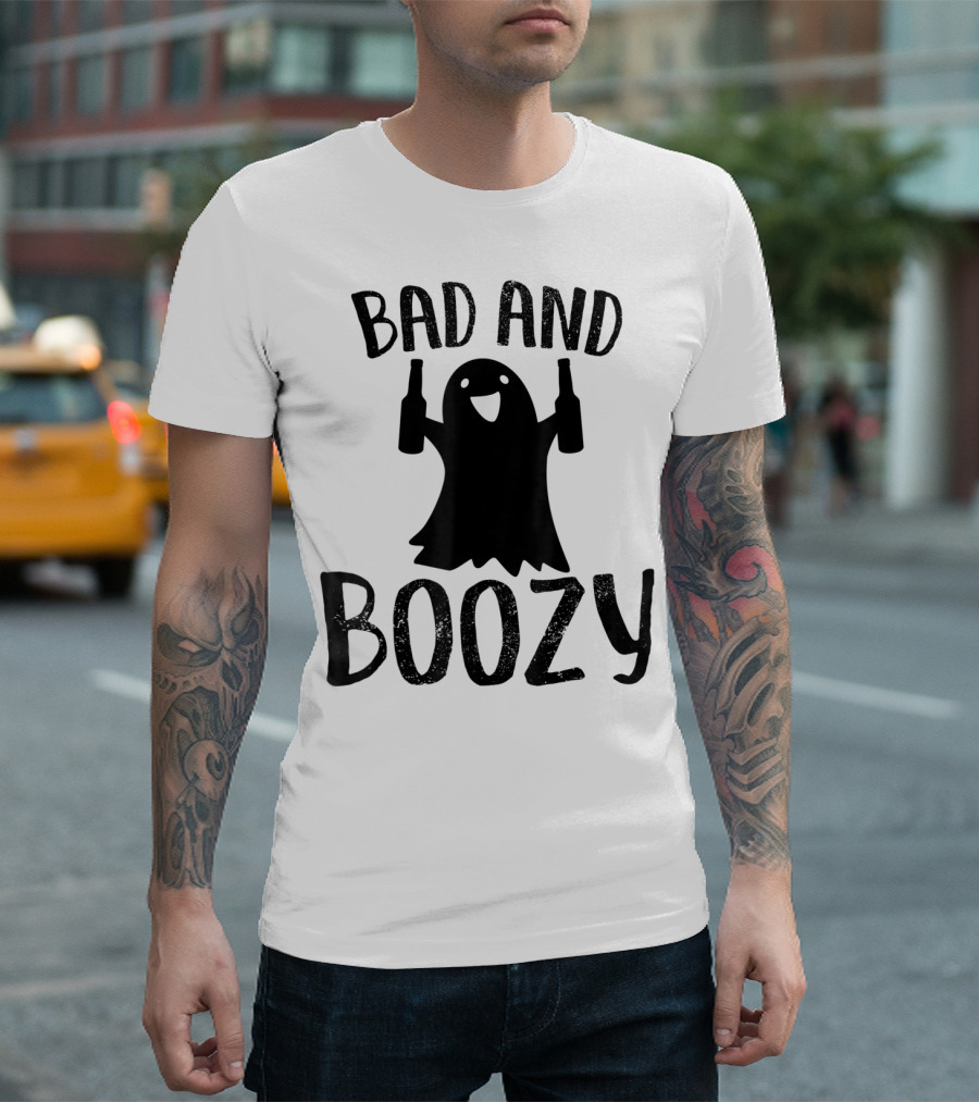 Bad And Boozy Halloween Ghost With Bottles T-Shirt