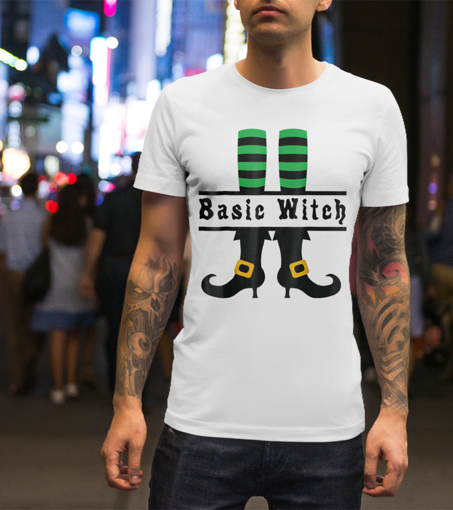 Basic Witch Green Striped Stockings With Buckled Shoes Halloween T-Shirt