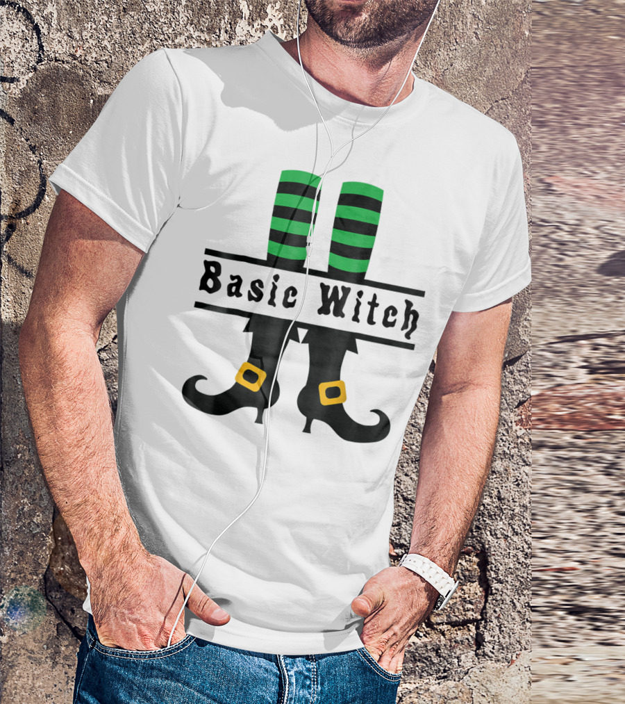 Basic Witch Green Striped Stockings With Buckled Shoes Halloween T-Shirt