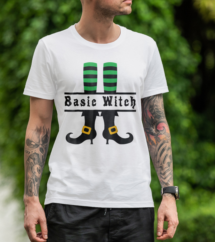 Basic Witch Green Striped Stockings With Buckled Shoes Halloween T-Shirt