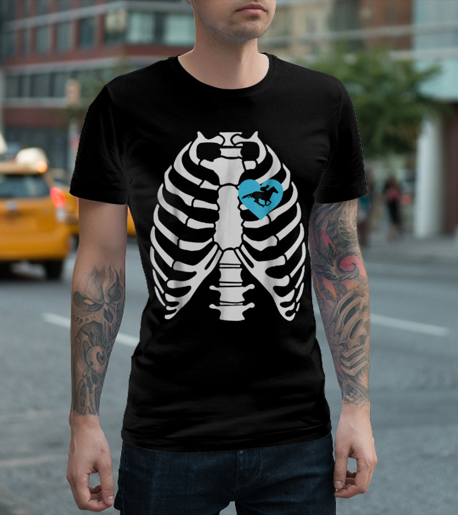 Halloween Skeleton Ribcage Blue Heart Racehorse T-Shirt