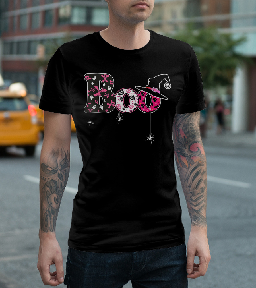 Boo Breast Cancer Awareness Month Halloween Spiders Witch Hat Pink T-Shirt