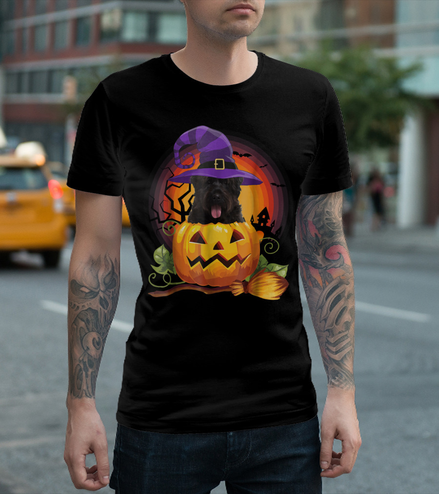 Halloween Bouvier Des Flandres Pumpkin Dog Witch Hat Broomstick Jack-O'-Lantern T-Shirt