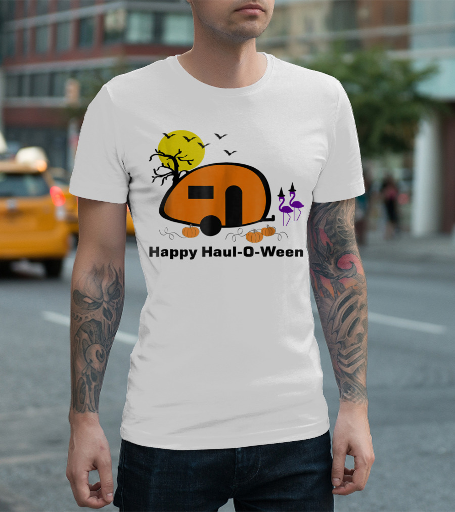 Happy Haul-O-Ween Camping With Pumpkins And Flamingos T-Shirt