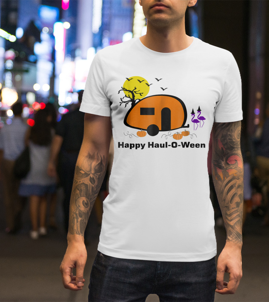 Happy Haul-O-Ween Camping With Pumpkins And Flamingos T-Shirt