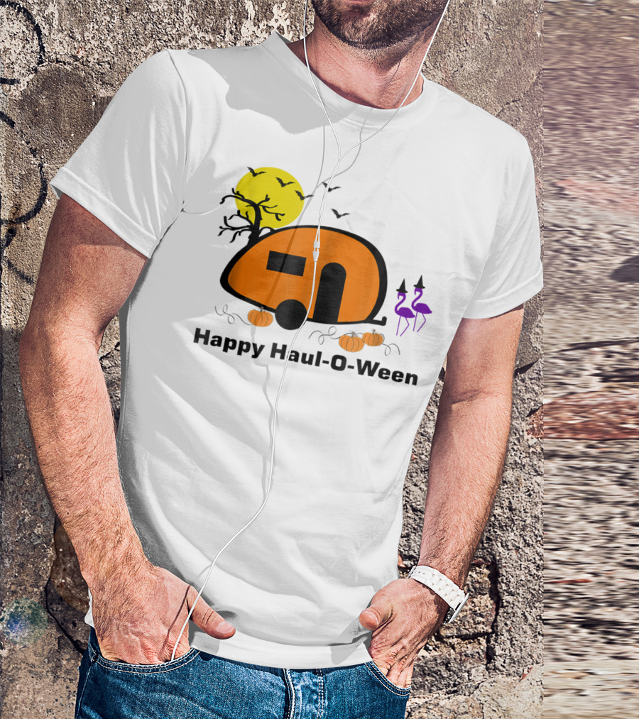 Happy Haul-O-Ween Camping With Pumpkins And Flamingos T-Shirt