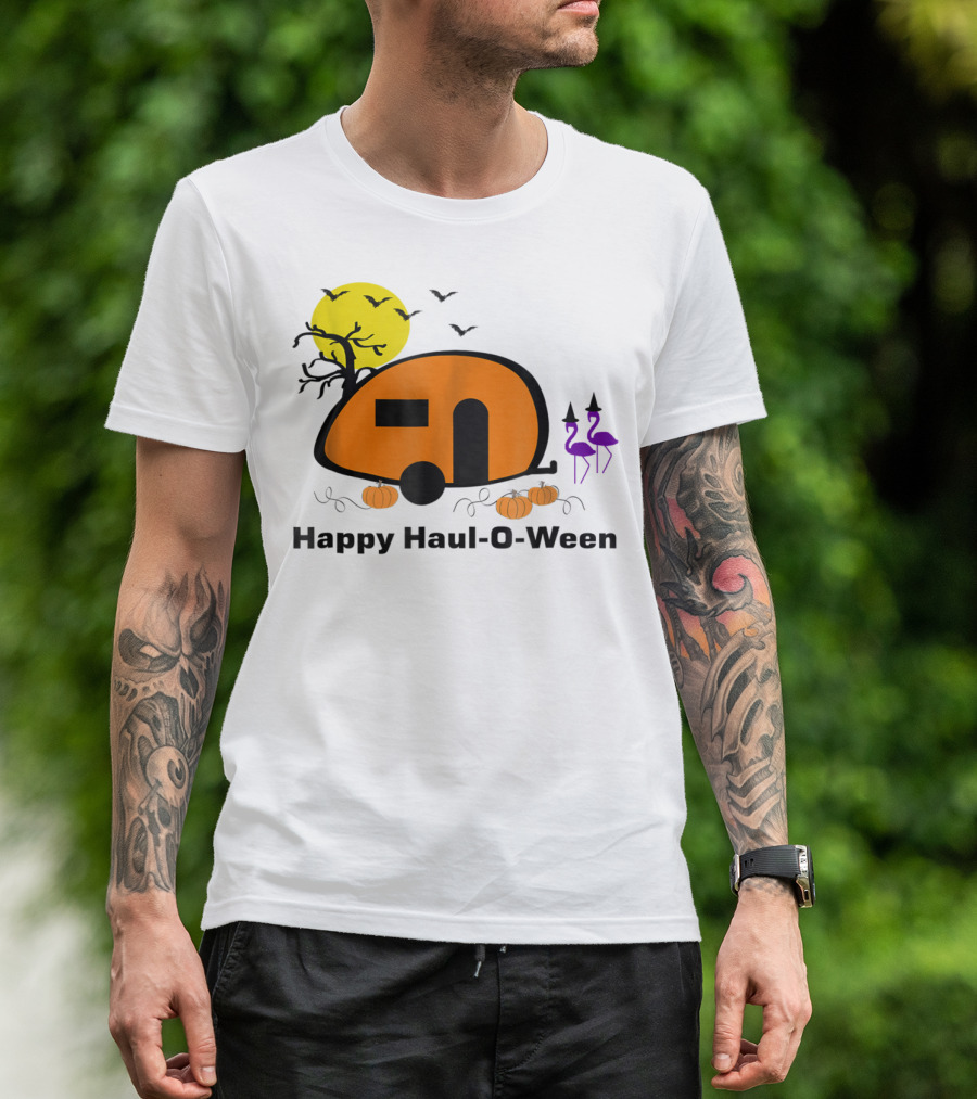 Happy Haul-O-Ween Camping With Pumpkins And Flamingos T-Shirt