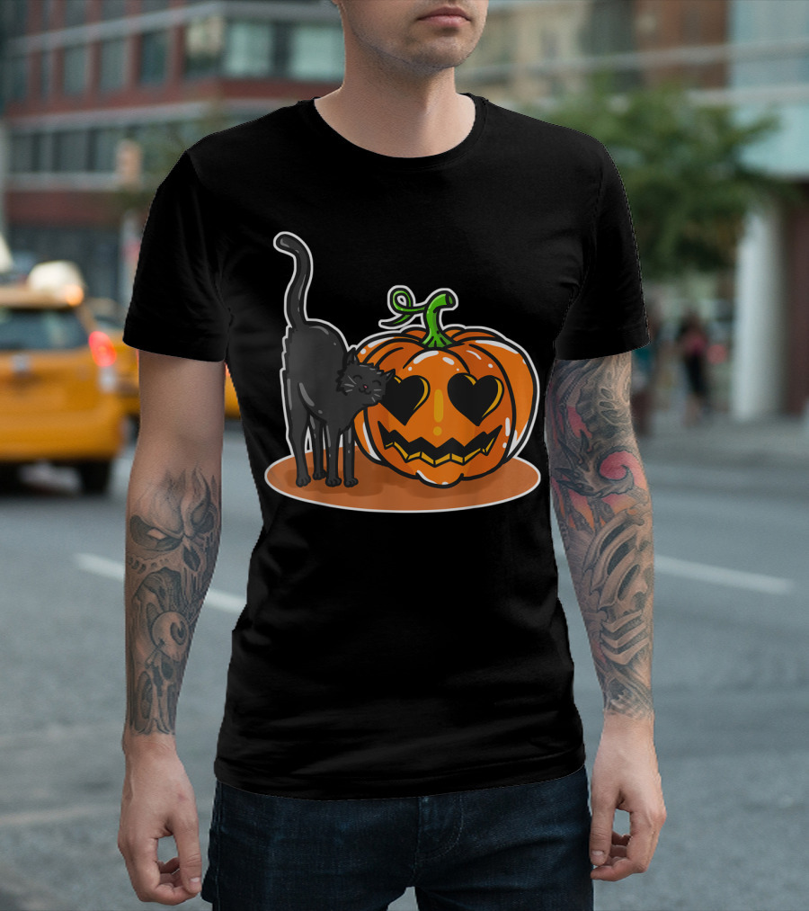 Halloween Pumpkin Cat Heart Eyes Love T-Shirt