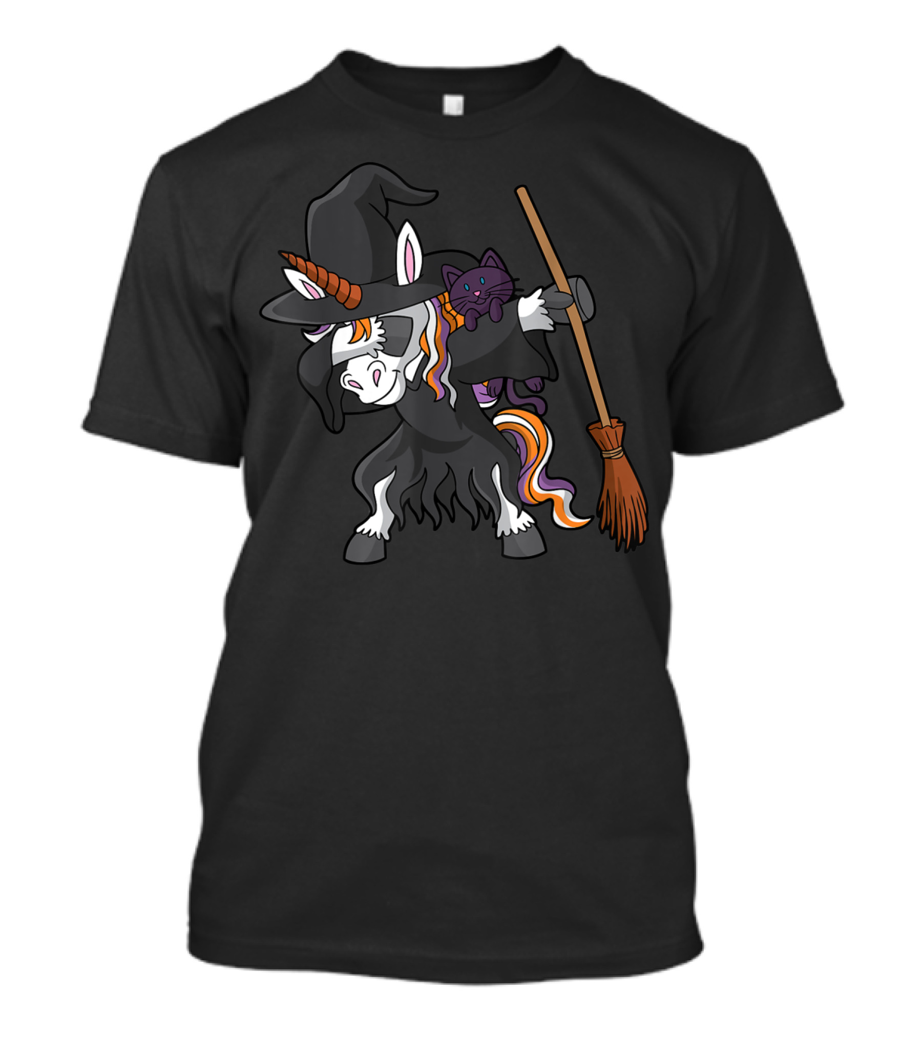 Halloween Dabbing Unicorn Witch With Cat Broom T-Shirt