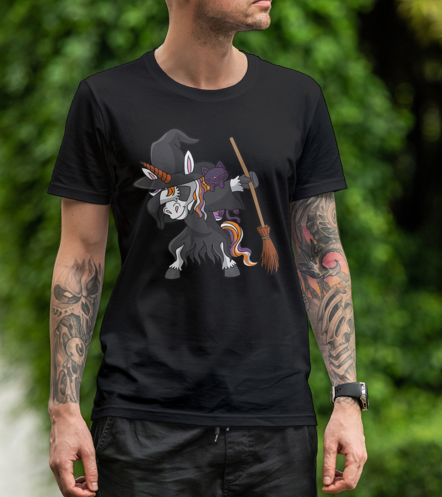 Halloween Dabbing Unicorn Witch With Cat Broom T-Shirt
