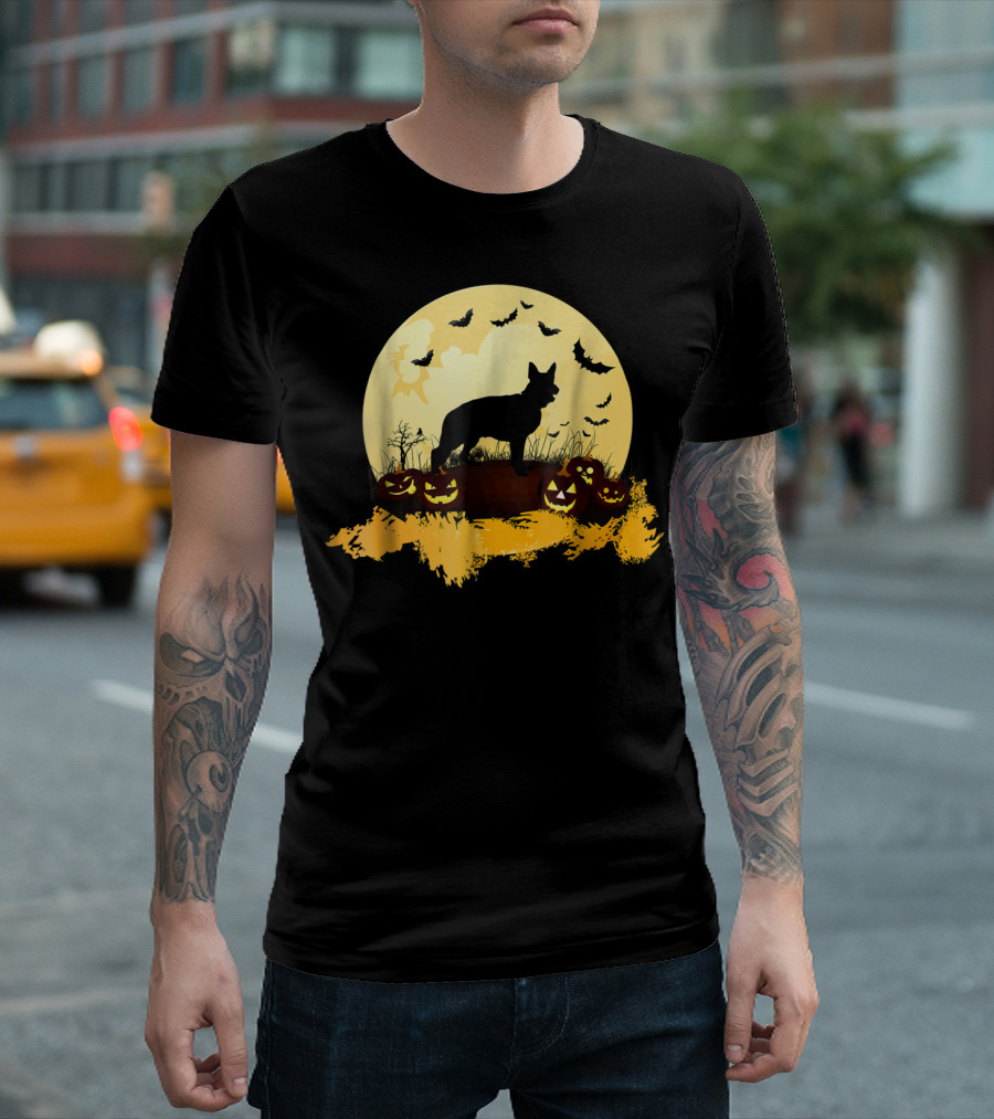 German Shepherd Silhouette Halloween Full Moon Pumpkins Bats T-Shirt